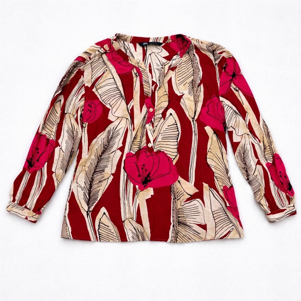 Zara womens medium abstract boho‎ floral top blouse size medium pink